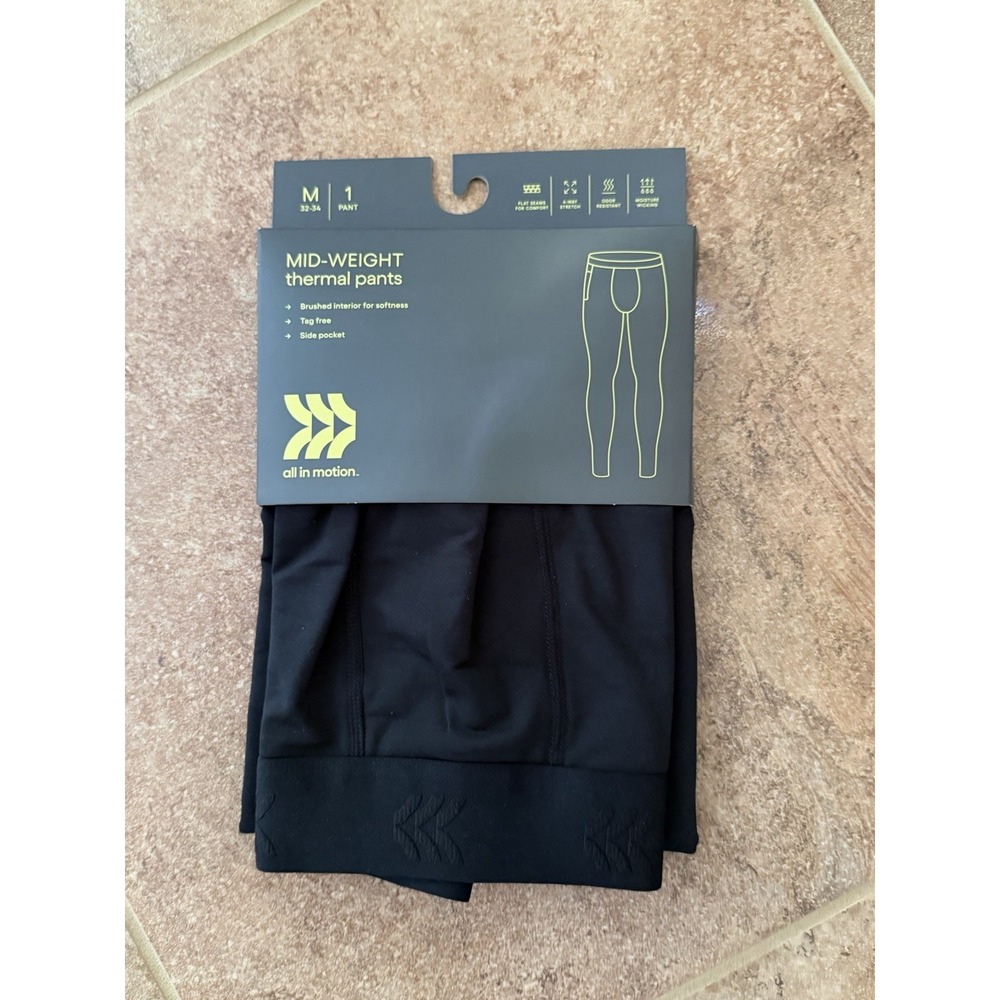 All in Motion Men's Mid-Weight Thermal Pants  ~ Black ~ Size M (32-34) ~ NWT ~